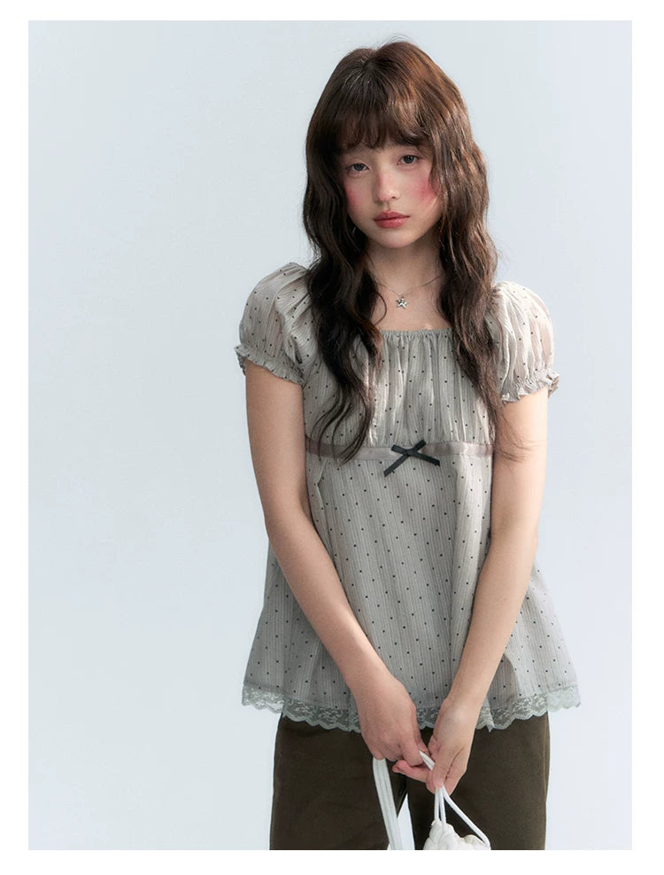 "Polka Dot Constellation" Gray Polka Dot Square Neck Puff Sleeve Top