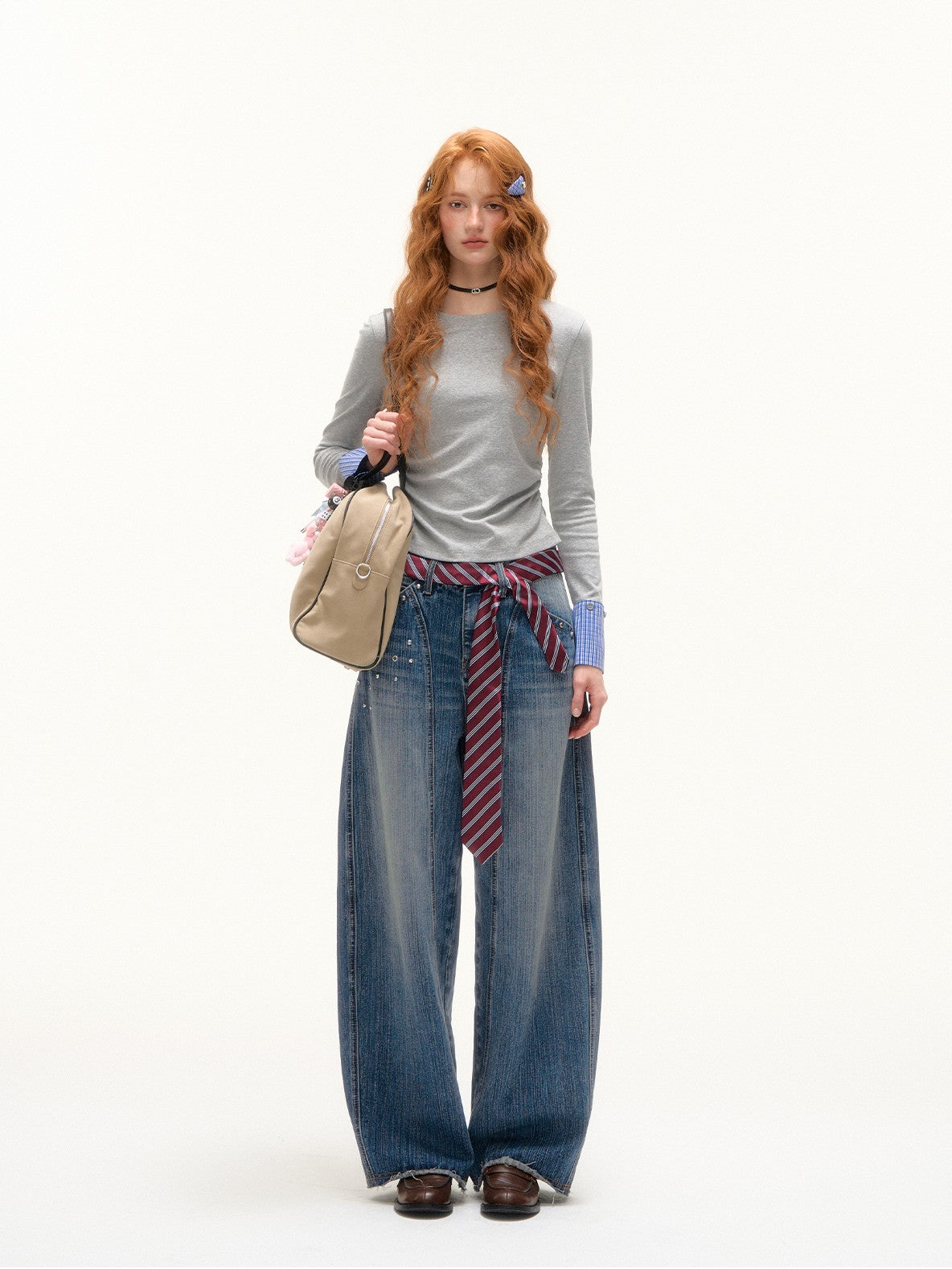 ASGONY - Preppy Detachable Plaid Cuff Long Sleeve Tee (Light Gray)