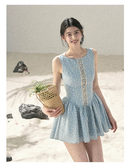 "Sage Summer" Haze Blue Lace Floral Puff Mini Dress