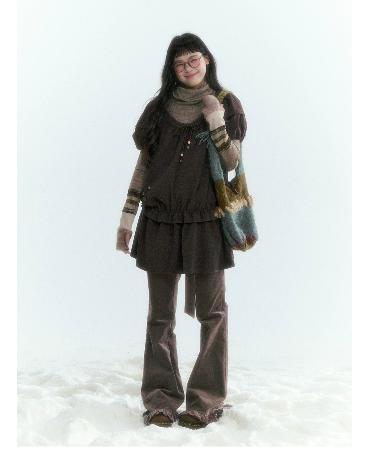 Horridale - Milk Tea Brown Floral Belt Corduroy Flare Pants