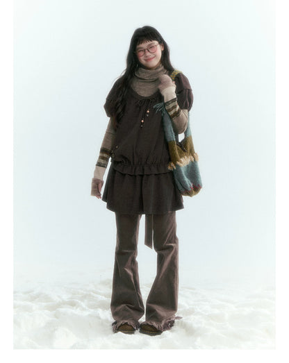 Horridale - Milk Tea Brown Floral Belt Corduroy Flare Pants
