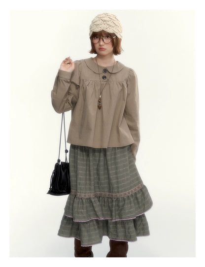 Dried Grass Green Vintage Lace Tiered A-Line Skirt