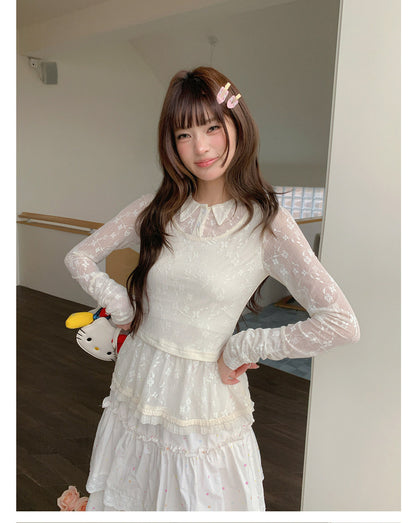 “Soft Veil Sonata” Apricot Layered Lace Mesh Top