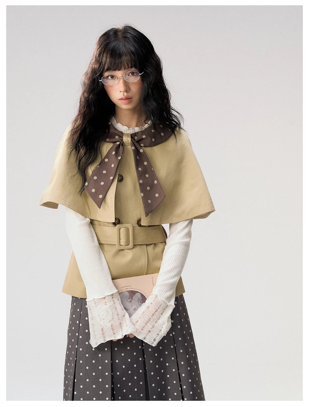 [CAN] "Afternoon Tea Break" Khaki Bow Cape Trench Coat Set