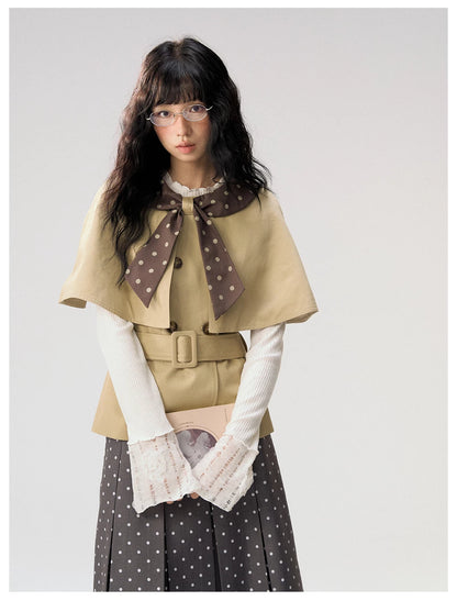 [CAN] "Afternoon Tea Break" Khaki Bow Cape Trench Coat Set