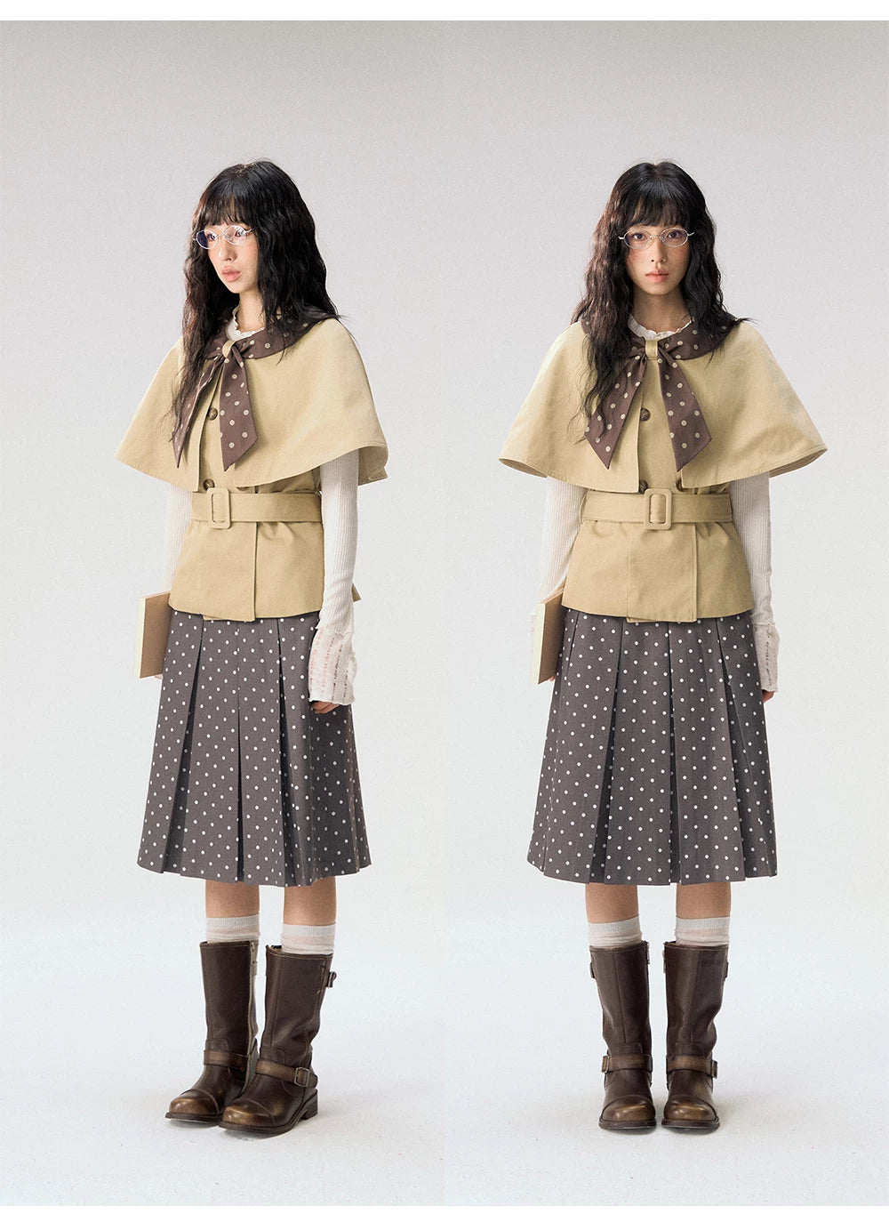 [CAN] "Afternoon Tea Break" Khaki Bow Cape Trench Coat Set