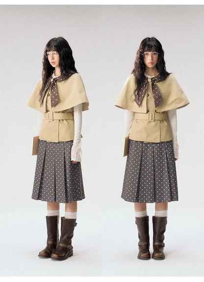 [CAN] "Afternoon Tea Break" Khaki Bow Cape Trench Coat Set