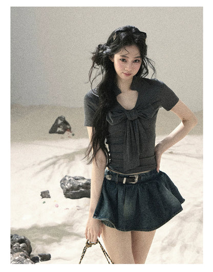 "Breeze Through the Bow" Slate Gray V-Neck Crop Top