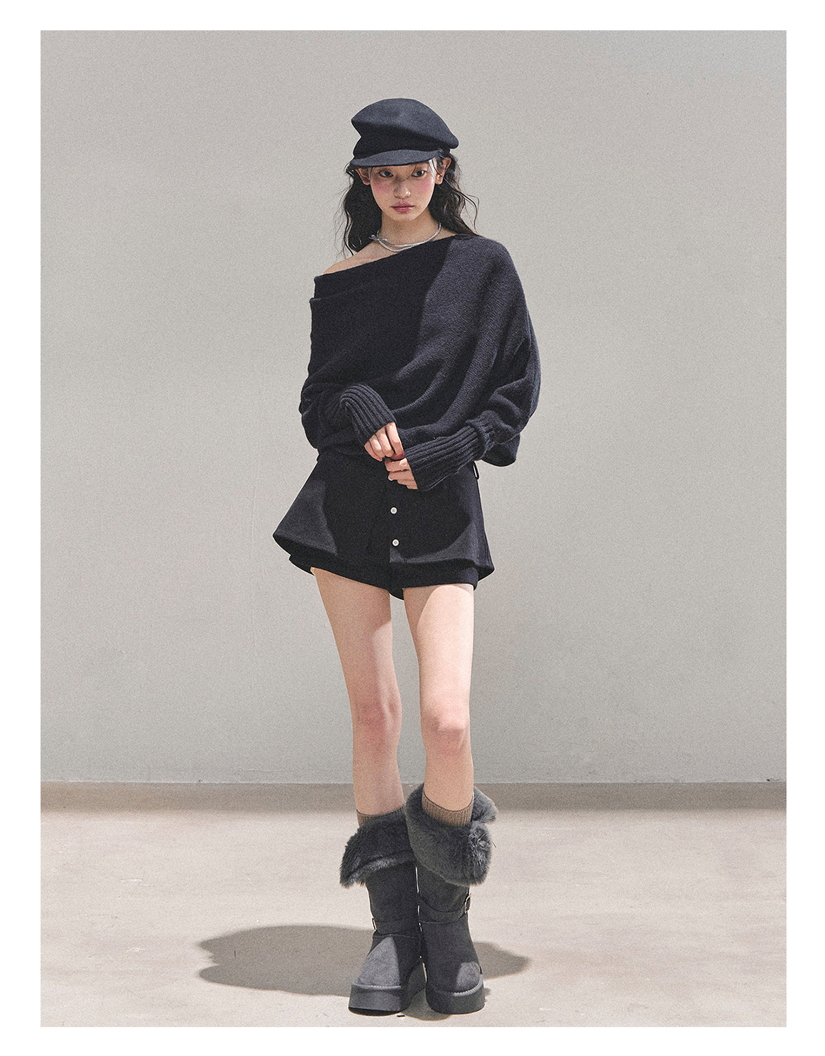 少也眼 “Soft Minimalism” Off-Shoulder Versatile Knit Top - Black 6416515