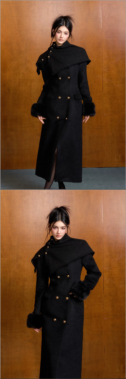 "Manor Elegance" Detachable Faux Fur Wool Coat & Knit Scarf Set