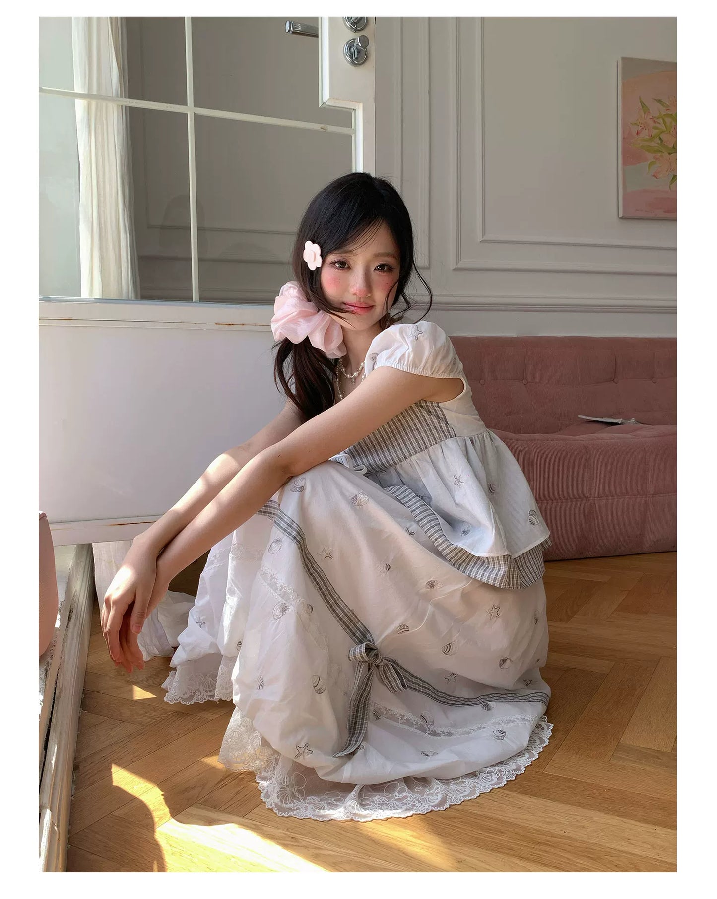 “Misty Isle White Tea” Grey White Polka Dot Skirt Set