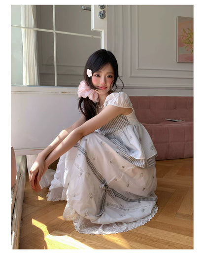 “Misty Isle White Tea” Grey White Polka Dot Skirt Set