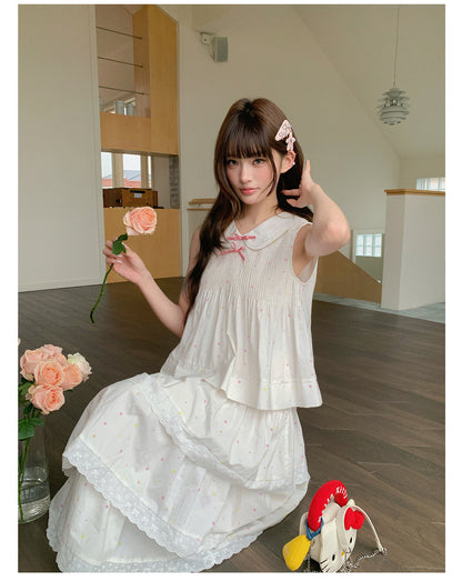 “Starfall Fairytale” White Ribbon Sleeveless Top & Layered Lace Skirt