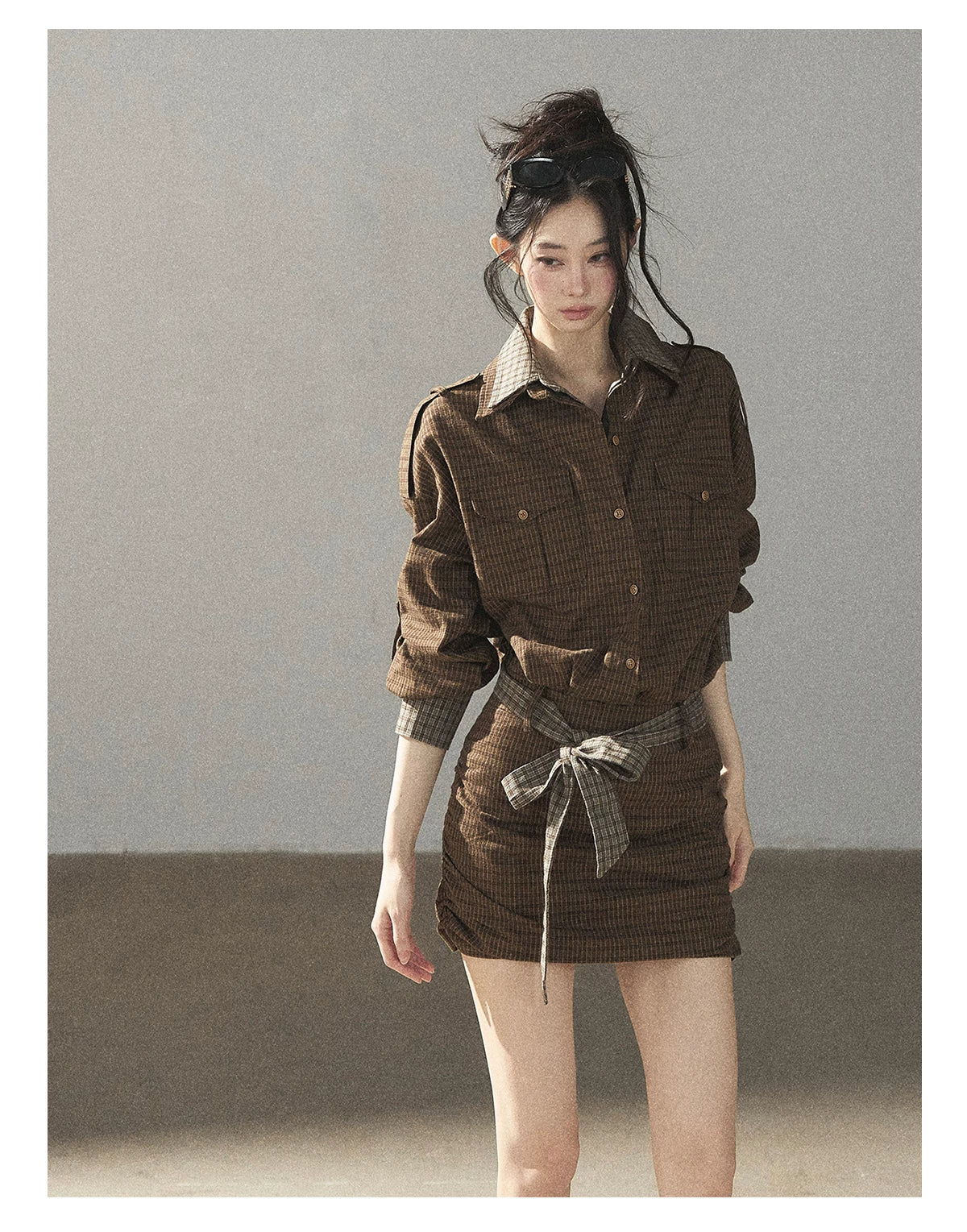 AOMALM - "A Promise Beneath the Oak" Crabapple Brown Plaid Shirt Dress with Belt