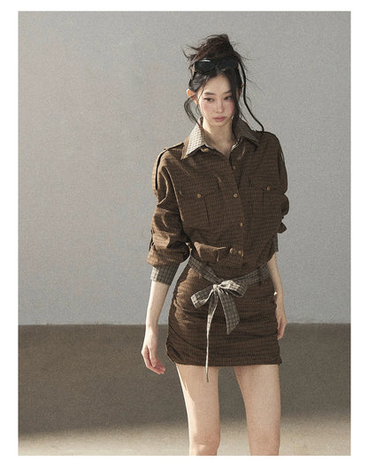 AOMALM - "A Promise Beneath the Oak" Crabapple Brown Plaid Shirt Dress with Belt