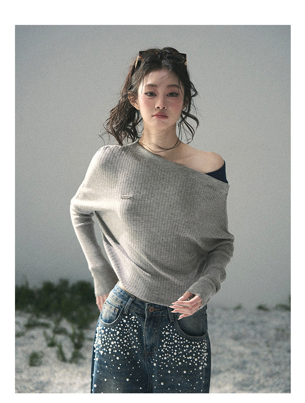 “Ashes of Yesterday” Mist Gray Off-Shoulder Layered Knit Top