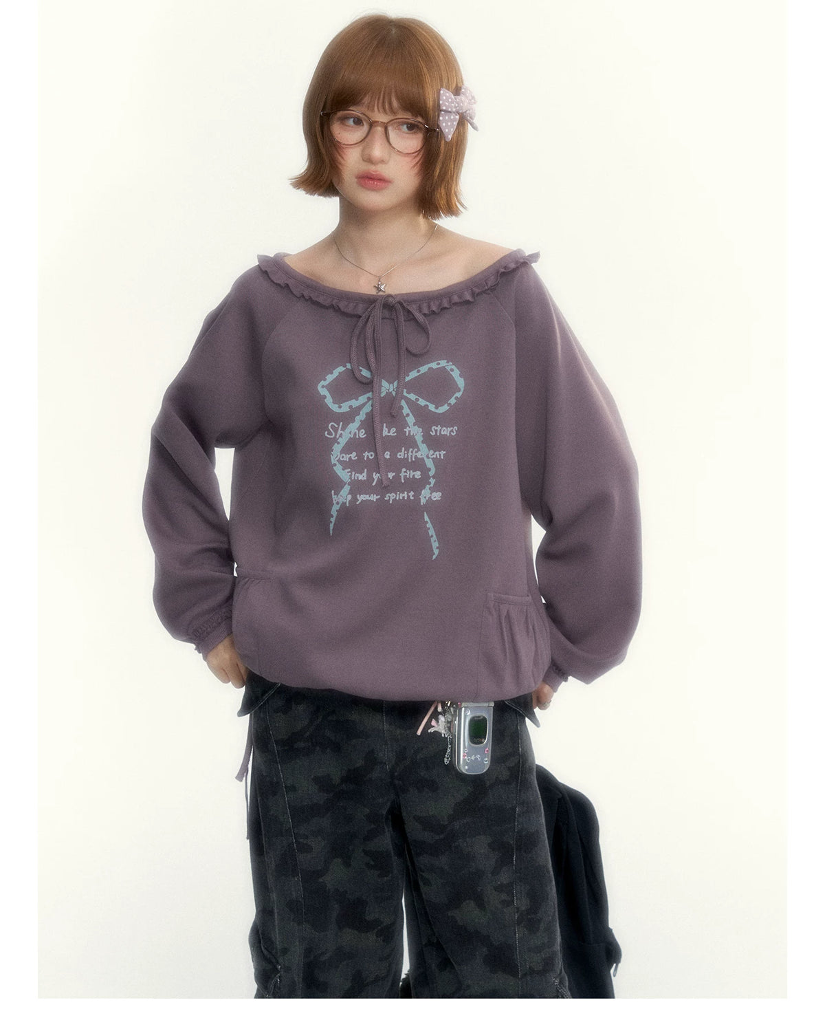 Deep Purple Bow-Tie Lettuce-Trim Off-Shoulder Sweatshirt