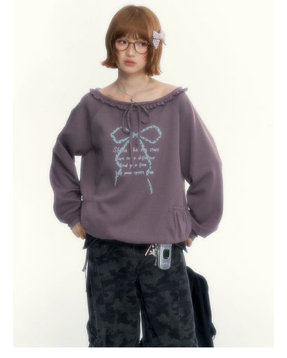 Deep Purple Bow-Tie Lettuce-Trim Off-Shoulder Sweatshirt