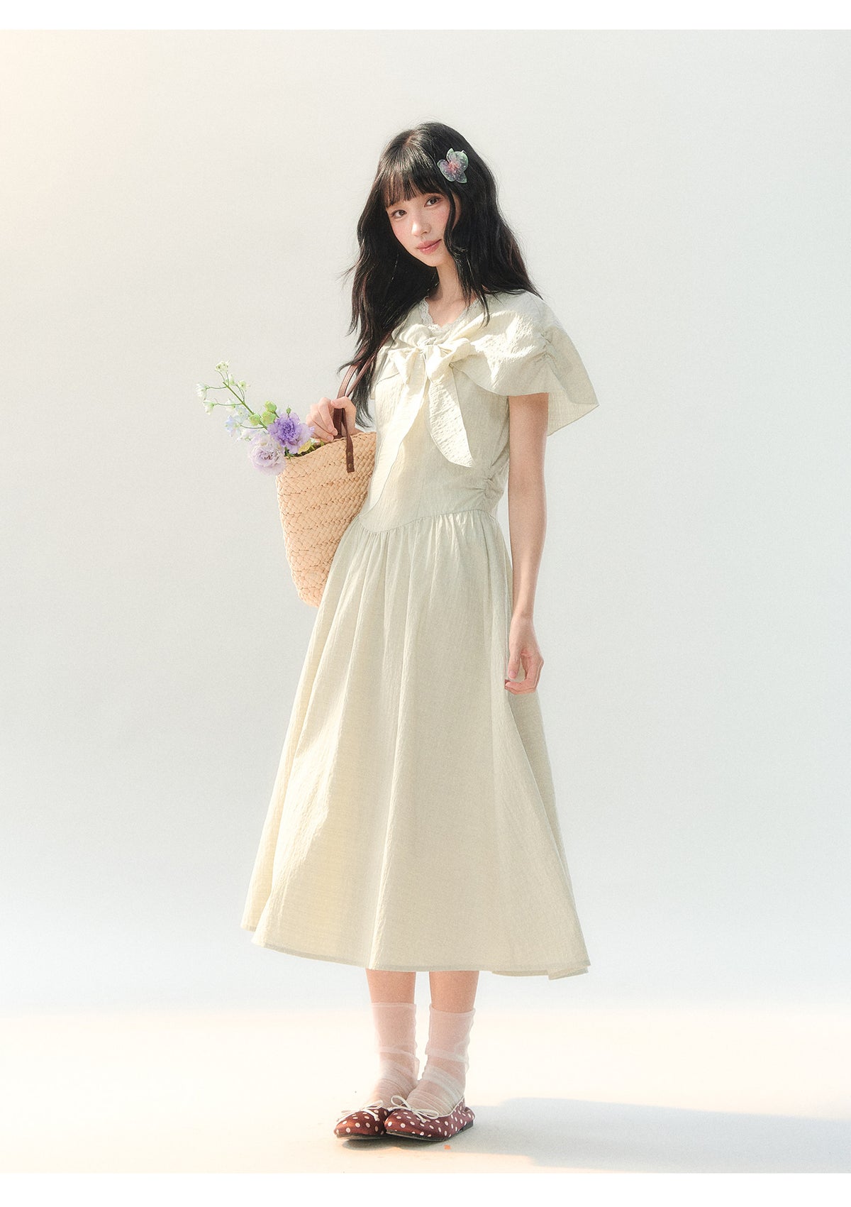 [CAN] "Willow Ribbon" Sage Green Cape Tie-Waist Midi Dress