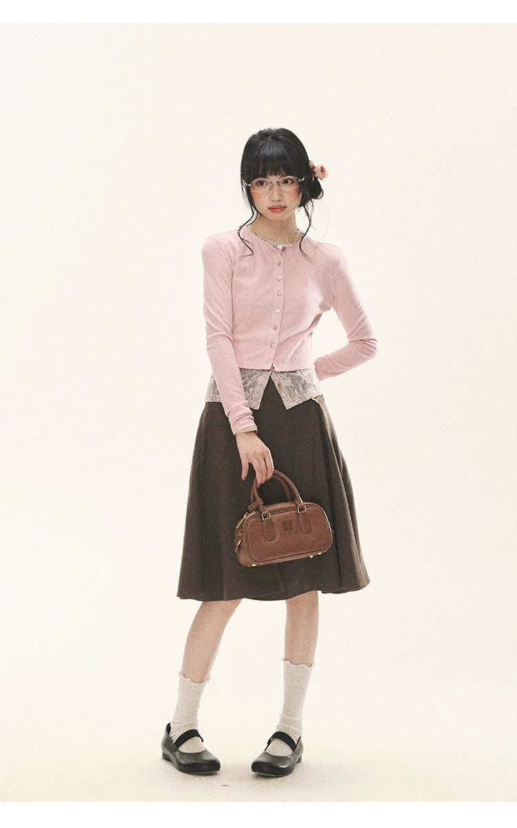 "Layered Blossom" Faux-Layer Knit Cardigan (Sakura Pink/ Heather Gray)