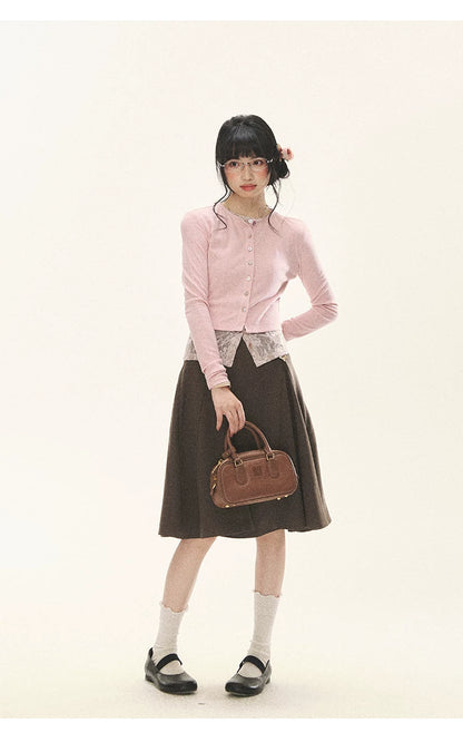 "Layered Blossom" Faux-Layer Knit Cardigan (Sakura Pink/ Heather Gray)