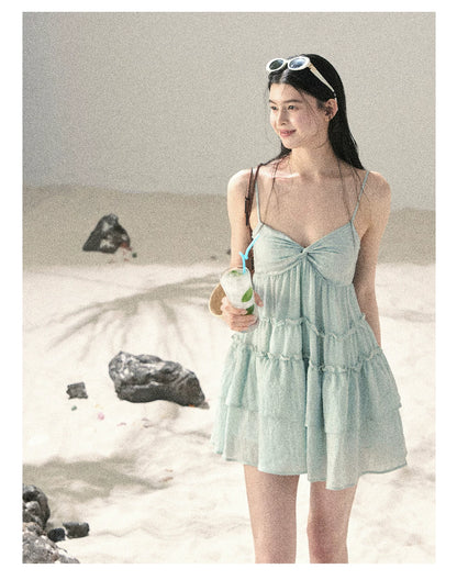 "Mossy Stone Steps" Primrose Green Tiered Cami Mini Dress