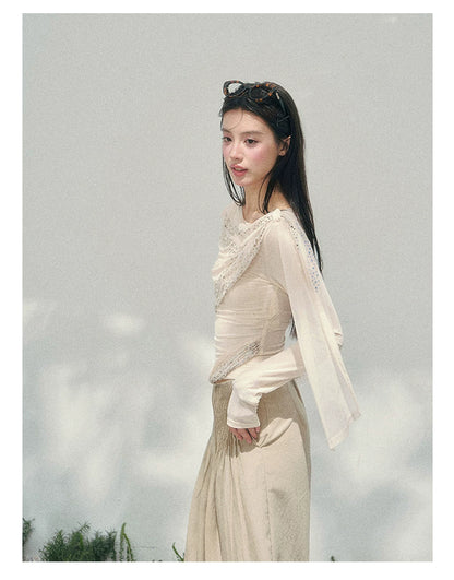 “Frosted Kiss” Milk Apricot Mesh Waist-Cinched Top