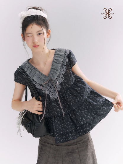 “Midnight Petal” Gray-Black Floral Top & Tiered Dress