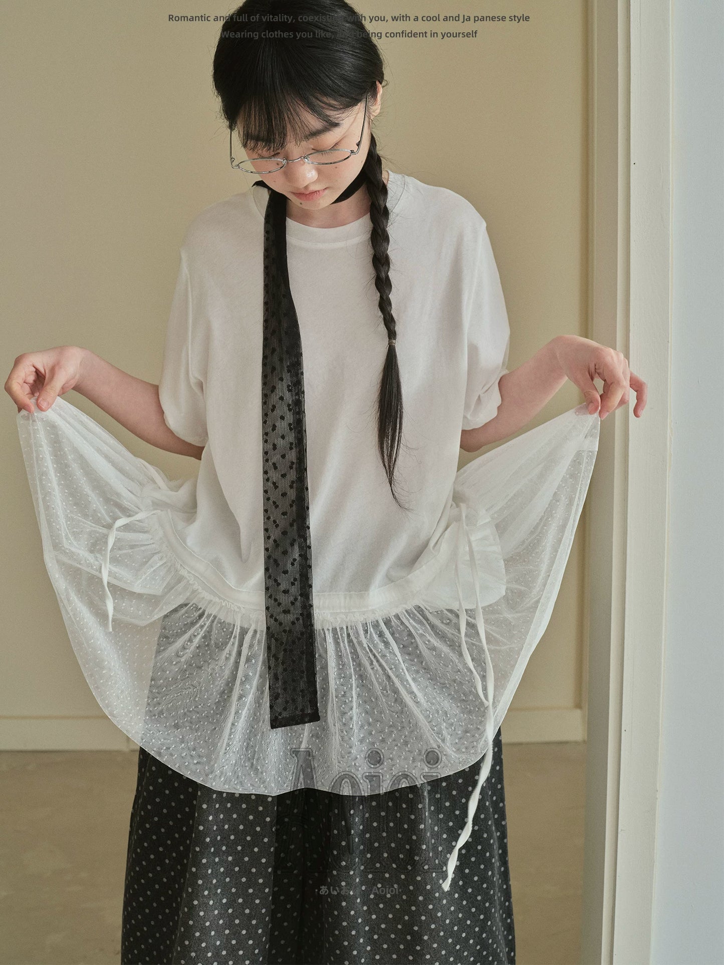 "Dot Veil" Polka Dot Mesh Panel T-Shirt (White / Gray)