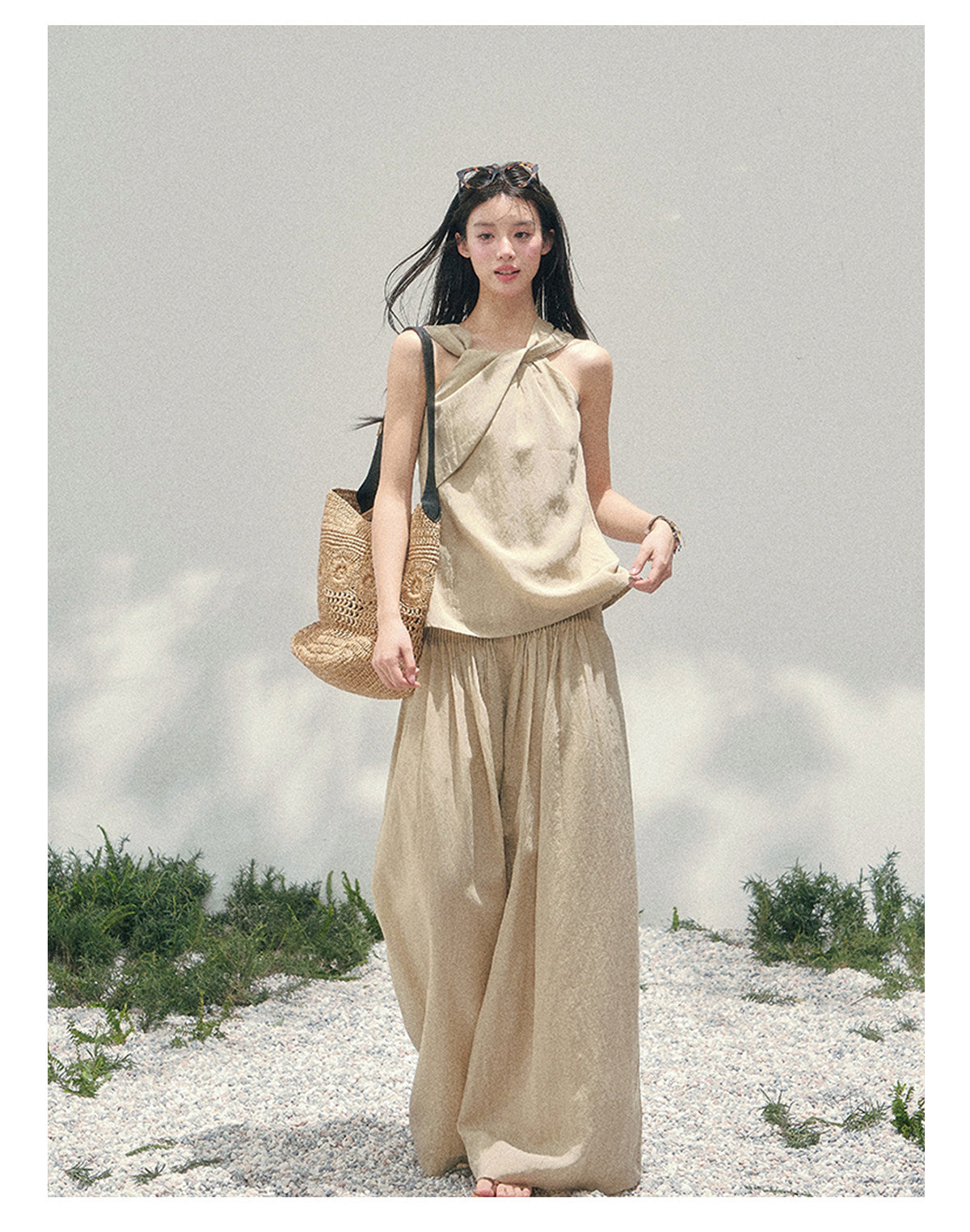 “Soft Khaki Whisper” Milk Tea Halter Twist Top & Wide-Leg Trousers