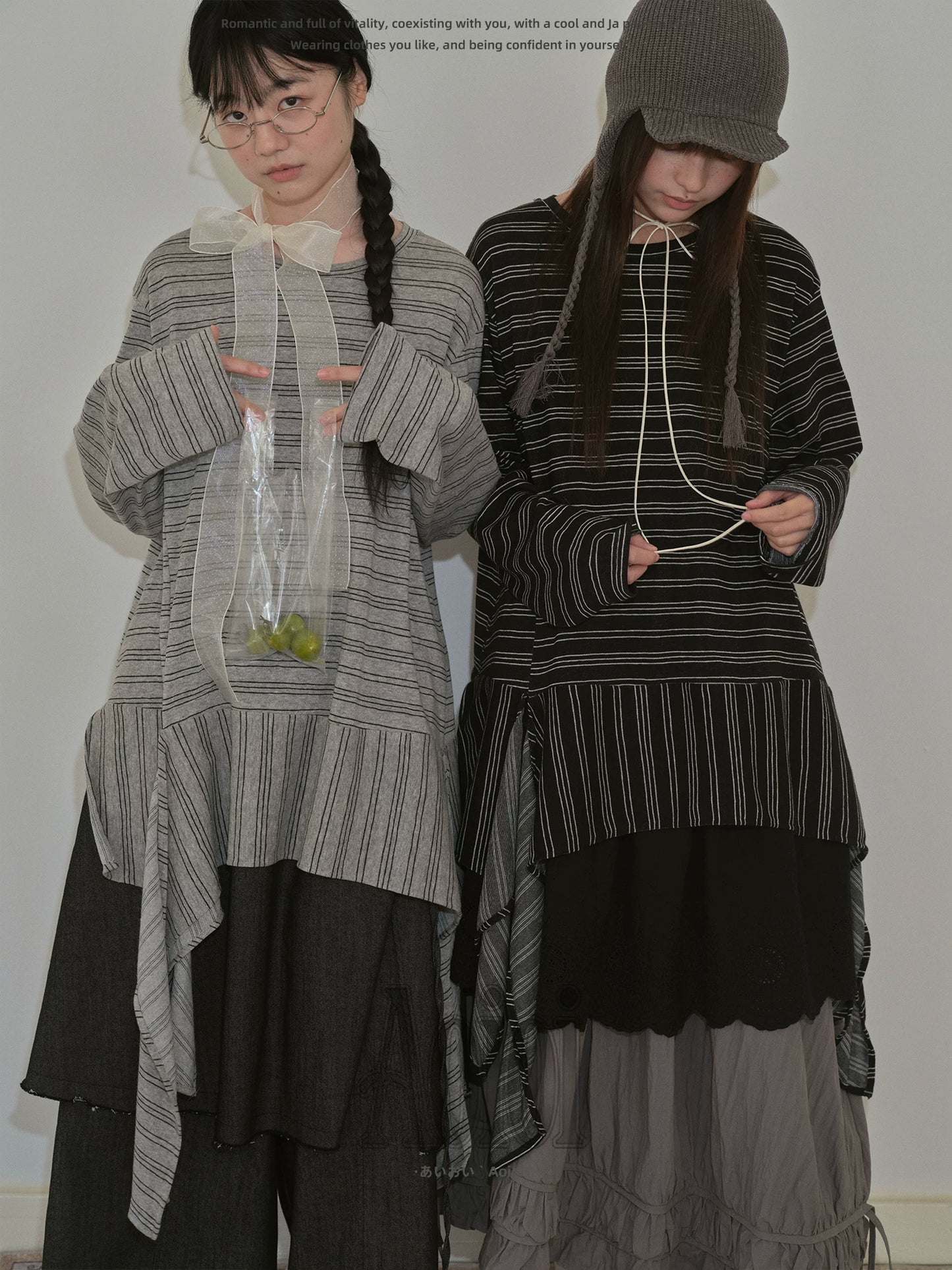 "Vintage Rhythm" Asymmetrical Knit Stripe Long Sleeve T-Shirt (Black / Gray)