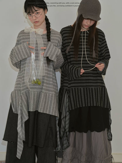 "Vintage Rhythm" Asymmetrical Knit Stripe Long Sleeve T-Shirt (Black / Gray)