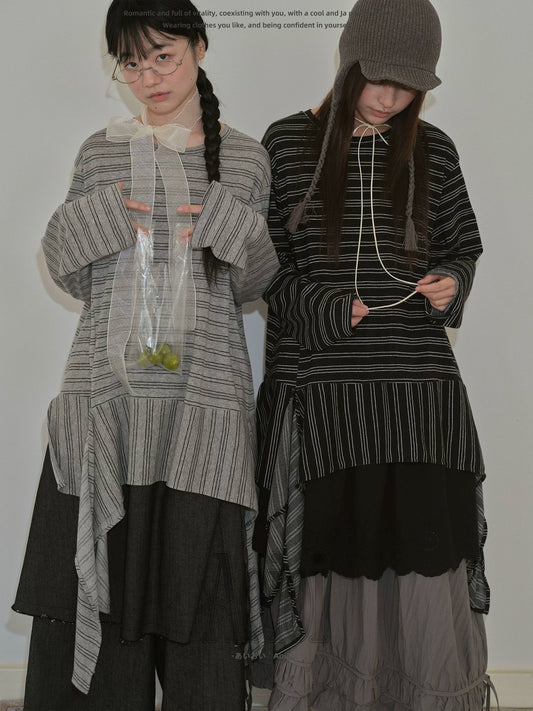 "Vintage Rhythm" Asymmetrical Knit Stripe Long Sleeve T-Shirt (Black / Gray)
