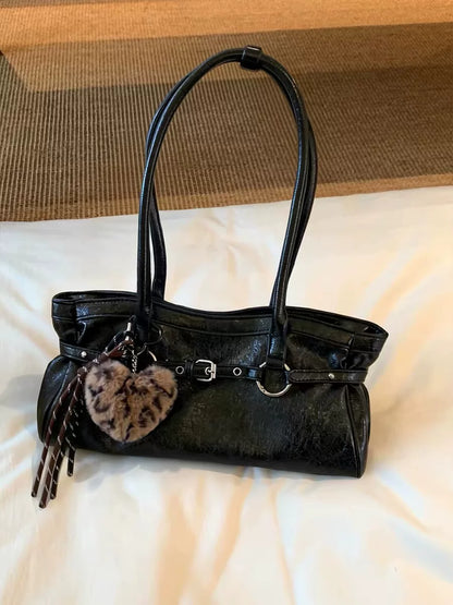 “Vintage Waxed Leather” Korean-Style Tote Shoulder Bag (Black / Brown / Burgundy)