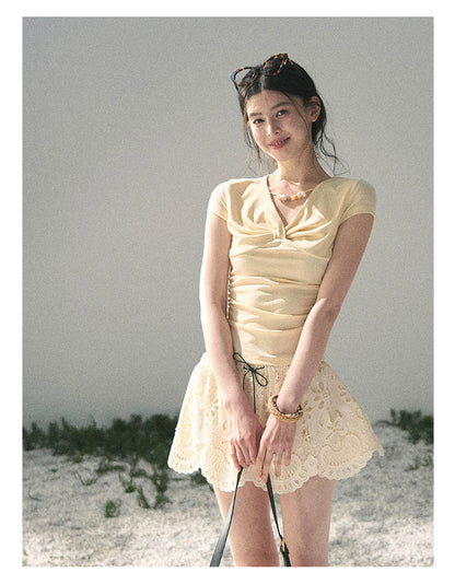 “Sheer Spring Whisper” Milkshake Yellow Twist V-Neck Top