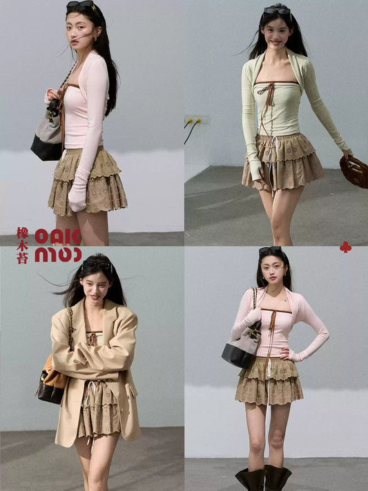 OAKMOO - Soft Curve Two-Piece Knit Set – Strapless Top & Mini Cardigan 25Q425