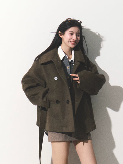 OAKMOO/ "The Flowers Are in Full Bloom" Jade Green Wool-Blend Short Belted Coat