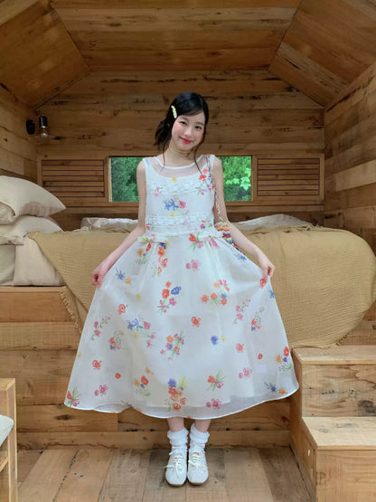 [RF] “Sunlit Wildflower Reverie” Ivory Floral Tulle Maxi Dress