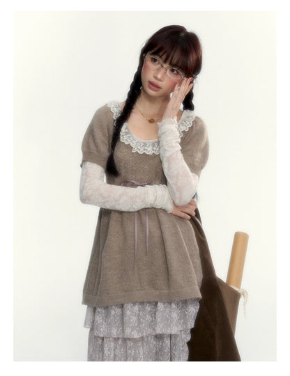 “Cloud Pleats” Chestnut Mist U-Neck Bow-Tie Puff Sleeve Knit Sweater