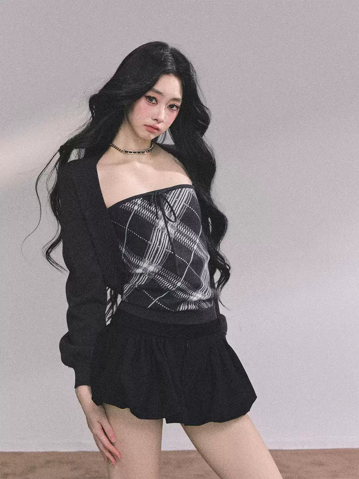 少也眼 Preppy American-Style Plaid Knit Set
