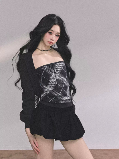 少也眼 Preppy American-Style Plaid Knit Set