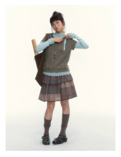 “Caramel Patchwork” Brown Patchwork Floral Plaid Lace A-Line Tiered Skirt