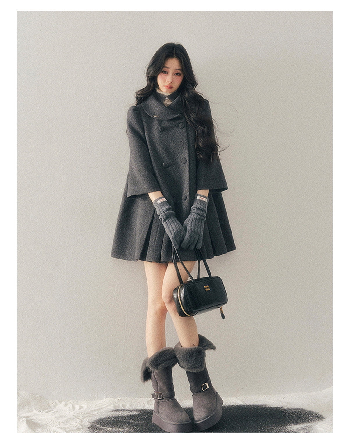少也眼 "Luxembourg Heiress" Deep Rock Gray Preppy Wool-Blend Mid-Length Coat