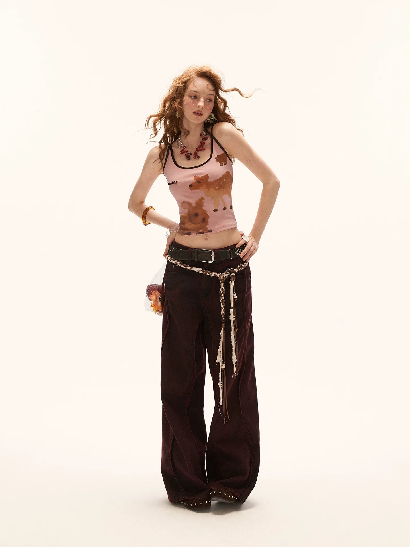 "Playful Animal Pop" Tie-Strap Cropped Camisole Top – Pink WE940