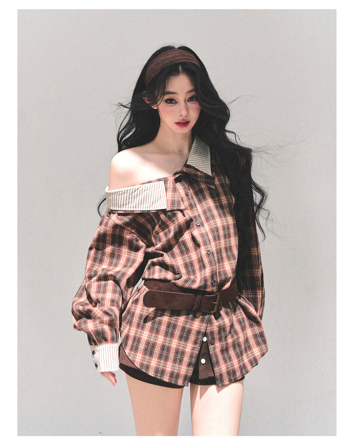 少也眼 “The Street She Passed” Off-Shoulder Plaid Shirt with Belt - Mocha Brown 45368364