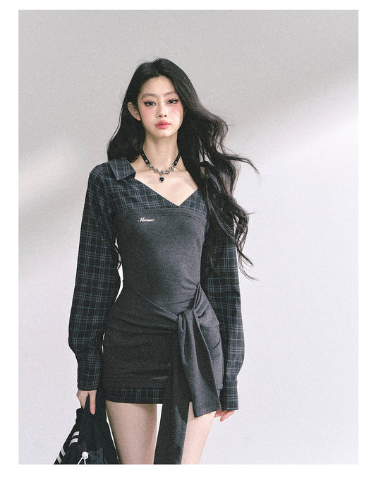 少也眼 “Campus Rebel" Checkered Bodycon Mini Dress - Gray 514354
