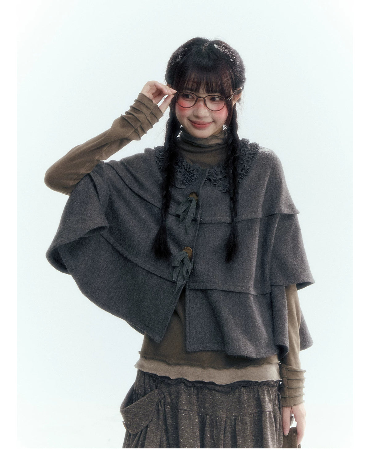 Horridale - Warm Charcoal Gray Knit Cape Poncho with Ruffle Collar