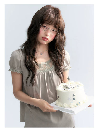 "Vintage Cream" Milk Gray Lace Trim Puff Sleeve T-Shirt