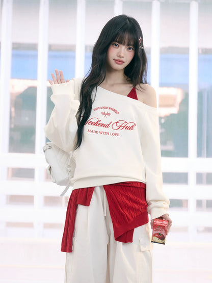 "Cloud Transit" White Layered Off-Shoulder Sweatshirt