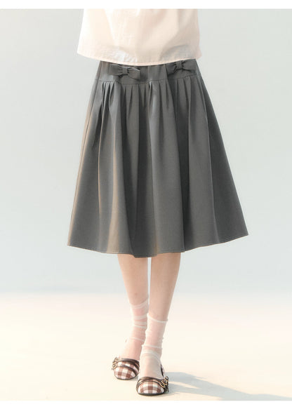 "Cloud Gray Sweet Pleats" Gray Stripe Bow Pleated Skirt LL2026219